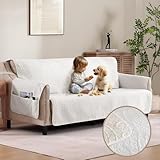 Pamhaven Soft Quilted Couch Cover with Pockets for Extra-Large Sofa, Anti-Slip Sofa Covers Washable for 3 Cushion Pet Friendly Medallion Oversized Sofa Cover Water-Repellent (X-Large Sofa 78', White)