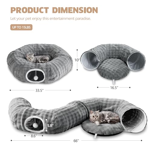Image of Bubble Cat Tunnel for Indoor Cats, Round Peekaboo Cave Toy with Dangling Balls, Donut Tunnel Bed with Circle Mat for Puppy Kitten Rabbit, Grey