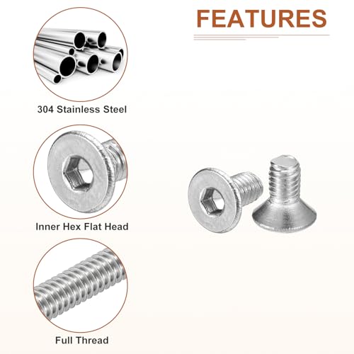 Image of DTGN M3-0.5 x 6mm Flat Head Socket Cap Screws, 100 Pack 304 Stainless Steel Hex Socket Flat Head Screws, Full Thread, Countersunk Bolts