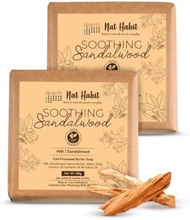 Nat Habit Natural Handmade Cold Pressed Sandalwood Butter Bath Soap made with Sandalwood, Kokum Butter and Coconut Oil, for Natural Exfoliation and Non-Drying Cleansing (Pack of 2 X 4.4 Oz)