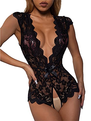 SheIn Women's Floral Lace Scallop Trim Lingerie Bodysuit One Piece Teddy Babydoll Black Large
