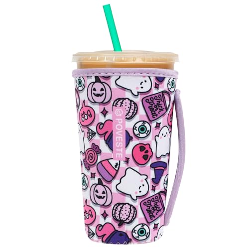 Image of Reusable Neoprene Insulator Sleeve for Iced Coffee & Cold Soda, Coffee Sleeves for Iced & Hot Drinks, Cold Beverage Cooler Compatible with Starbucks, Dunkin (Checkerboard Halloween, Large: 32oz)