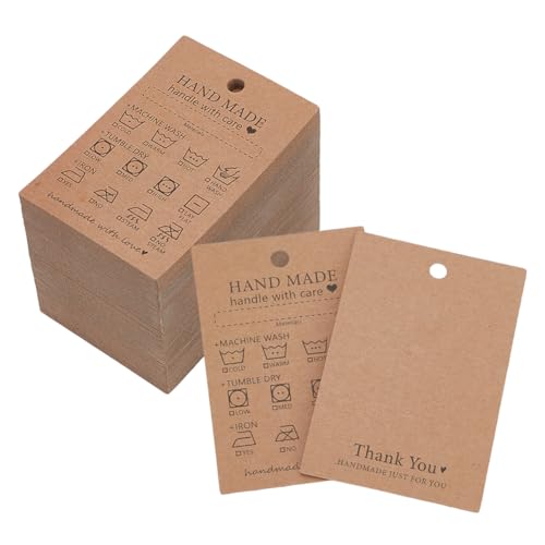 FINGERINSPIRE 120 Stück Handgefertigtes Stoff Waschanleitungs Hängeetikett 7.5x5cm Sandbraunes Kraftpapier Waschpreisschilder Materialpflege Minimalistisches Symboletikett Für Hemden Strickdecken