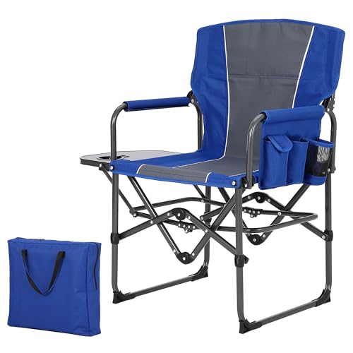 GarveeLife Oversized Directors Camping Chair, Portable Folding Chair for Adults Support 400 lbs, Heavy Duty Lawn Chair with Side Table, for Camping, Sports, Picnic, Beach, Fishing (1 PCS, Blue