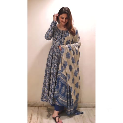 Image of Nermosa Women Printed Anarkali Kurta and Pant Set with Dupatta | Printed Kurta Set | Women Kurta Sets |