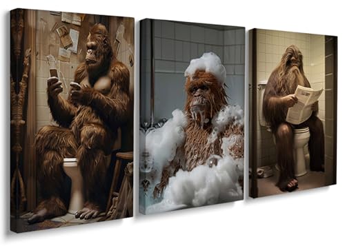 Bigfoot Funny Bathroom Decor Wall Art Set of 3,Bigfoot Bathing Sitting on Toilet Canvas Wall Art,Farmhouse Animal Wall Decor Funny Bathroom Signs Sasquatch Poster Prints Wall Hanging 12"x16"