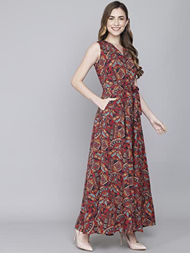 Image of Rudraaksha Women's Printed Maxi Dress Sleeveless Fit & Flare Long Dress || Western Dress for Women || Stylish Maxi Dress Dress || Summer Dress || Boho Printed Dress for Women