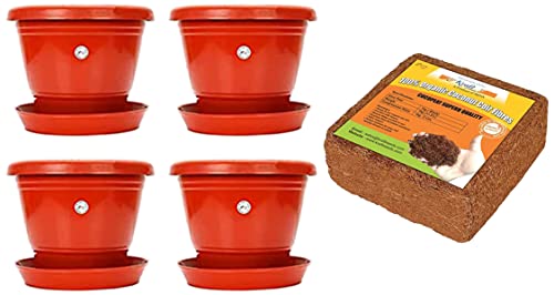 Image of Kraft Seeds 8-inch Garden Balcony Flowering Planter with Bottom Plate /Tray (Red /Terracotta, Pack of +Agro peat /Coco peat (1 KG)