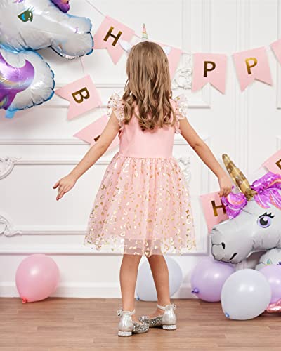 Nubeehoho Little Girls Unicorn Summer Dresses Baby Casual Flutter Sleeve Heart Pink Dress Toddler Birthday Party Swing Sundress 4-5 Years 1452 #TOP6
