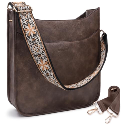 Image of HKCLUF Crossbody Bag for Women Vegan Leather Hobo Handbags Guitar Strap Purse Shoulder Bucket Bag with 2PCS Adjustable Straps