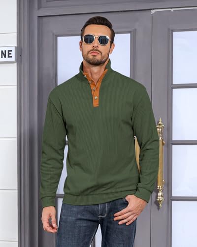 Lexiart Men's Casual Corduroy Sweatshirt Long Sleeve Thermal Stand Collar Button Pullover Sweatshirts3