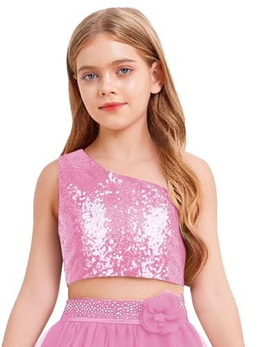 renvena Girls Sequin Crop Top Kids Off Shoulder Sparkly Pageant Prom Party Glitter Tank Tops3