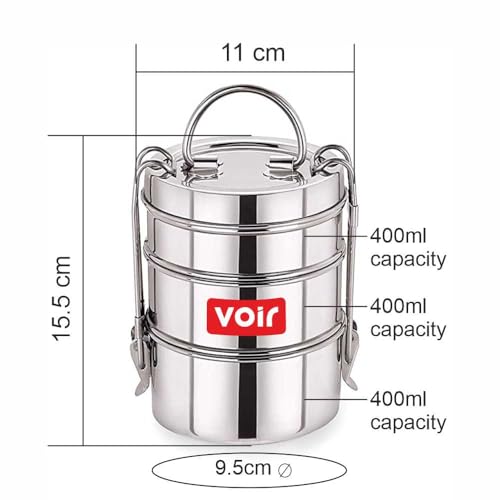 Image of Voir Stainless Steel Lunch Box /Tiffin with Locking Clip, Hot & Cold, Compact & Durable, Perfect for Office, School, Picnic and Travel use - Size 4x3 inches (3 Tier - 1200ml Capacity)