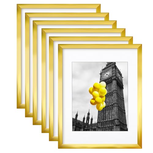 BSRHOME 11x14 Picture Frame Set of 6, Display Pictures 8x10 with Mat or 11x14 Without Mat,Wall Gallery Photo Frames, Sleek Gold