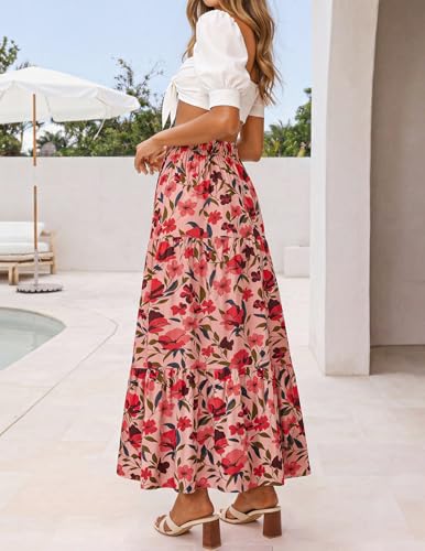 Image of ZESICA Women's 2026 Summer Bohemian Floral Printed Elastic Waist A Line Maxi Skirt with Pockets