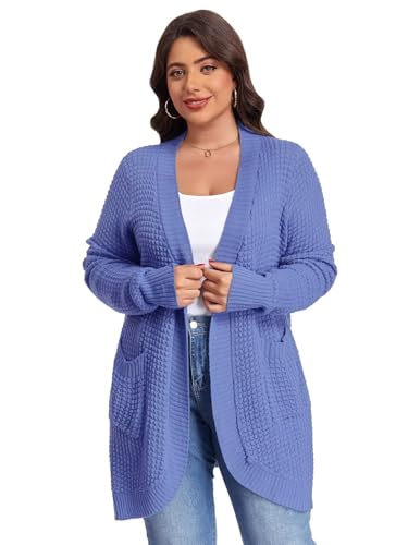 Image of LARACE Long Cardigans for Women Plus Size Tops Open Front Sweaters with Pockets Waffle Ribbed Sleeve Loose Fall Outwear