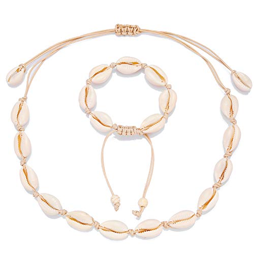 Starain 2Pcs Shell Necklace Anklet for Women Handmade Adjustable Puka Beach Shell Necklace Set