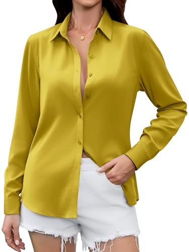 Premium Soft Breathable Satin Silk Button Down Shirts for Women Long Sleeve Blouses Work Dress Casual Tops