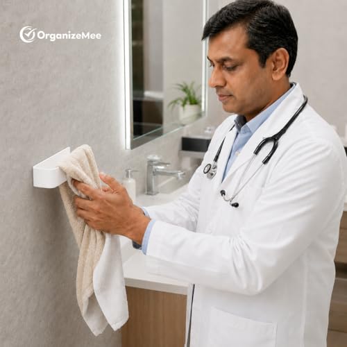 Image of OrganizeMee (Self Adhesive) Napkin & Towel Holder for Hand Basin Towels, Washbasin Bathroom Hanger, Kitchen Sink Napkin Holder Accessories Rack Stand Without Drilling Cloth Hangers (White)