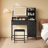 Vanity Desk with Mirror and Lights, Makeup Vanity Desk with 4 Fabric Drawers & Storage Shelves & Chair, 3 Color Modes & Adjustable Brightness, Black Vanity, Vanity Set, Bedroom Furniture