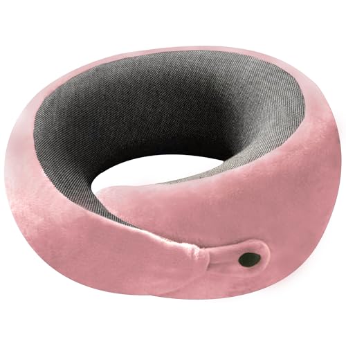 Image of Billebon Memory Foam Travel Neck Pillow with Magnetic Fabric Luxury Neck Support Pillow for Comfortable Travel, Washable Removable Cover (Pink with Eye Mask)