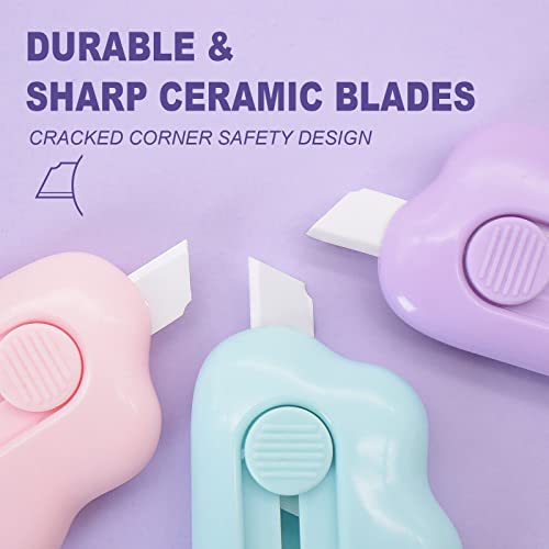 Image of Sonuimy Ceramic Mini Box Cutter Utility Knife,Cloud Retractable Box Opener, Cute Small Little Box Cutters with Keychain Hole, Package Opener Tool for Car Office Work Cardboard -3pcs(Pink Purple Blue)