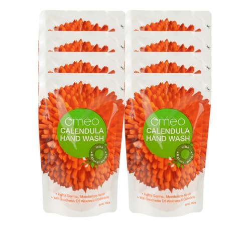 Image of Omeo Calendula Handwash Liquid Refill Pack Pouch 180ml(Pack of 8, 1440ml) for Germs Free, Soft & Moisturized Hand with Aloe Vera & Calendula | Tough on Germs & Dirt | Hand Wash Safe for All Types Skin, Daily Use