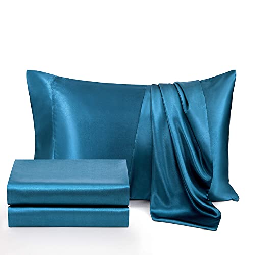 Chvonttow 3 Piece Satin Sheets Twin Size Luxury Silky Satin Bed Sheets Set, Wrinkle, Fade, Stain Resistant, 1 Deep Pocket Fitted Sheet + 1 Flat Sheet + 1 Pillowcases (Ocean Teal) #TOP4