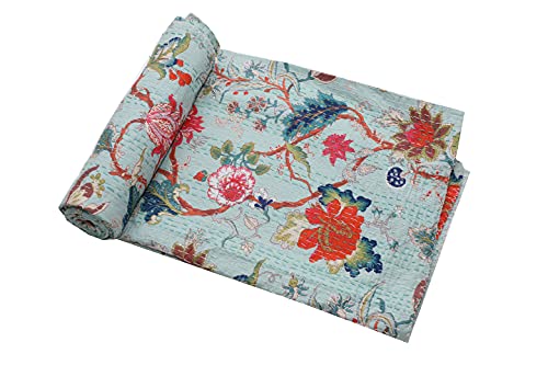 YUVANCRAFTS Couvre-lit indien fait à la main à imprimé floral Kantha pour lit double Vert