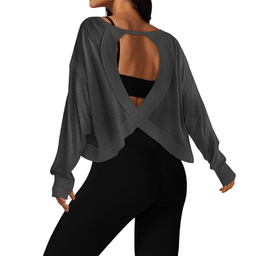 Image of UNIANKIYA Open Back Workout Tops for Women Long Sleeve Cropped Athletic Clothes Gym Running Yoga Low Impact Sports T Shirts