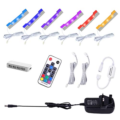 AIBOO LED RGB Under Glass Shelf Cabinet Lighting Kit with RF Remote Control, Dimmable Long Clip on Glass Display Shelf Lights, Ultra Slim LED Strips lghts for Kitchen Counter and Cupboard.(6 Pack)