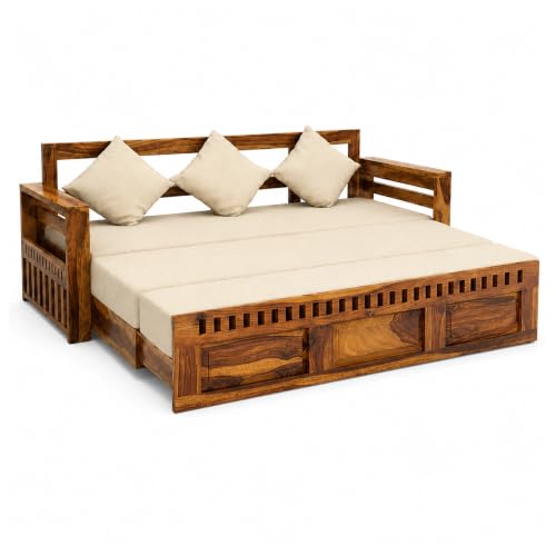 Image of SONA ART & CRAFTS Kuber Sheesham Wood Sofa Cum Bed 3 Seater with Storage and Side Pockets for Living Room Organizer Furniture Sofa Bed Home, Bedroom (Natural Finish)
