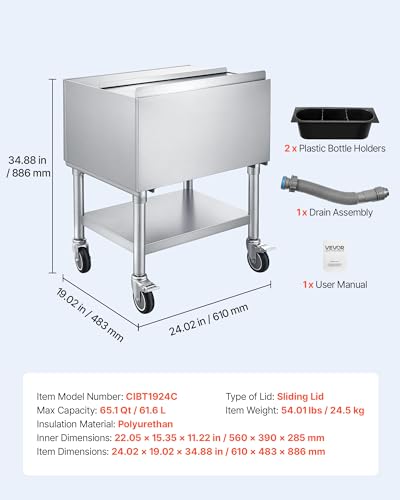 Image of VEVOR Commercial Ice Bin,19 Inch Stainless Steel Ice Chest with Sliding Lid and Bottle Holders, Cooler Cart Cocktail Unit for Bar Restaurant Pub, NSF Certified