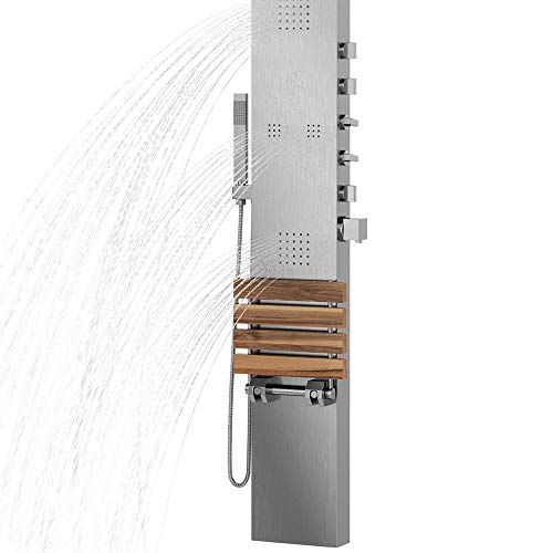 Pulse Showerspas 1035 Oahu Showerspa Panel With 7" Rain/Waterfall Showerhead, 4 Body Spray Jets In 2-Sizes, Hand Shower, Folding Teak Seat/Shelf, Brushed Stainless Steel Finish #TOP4
