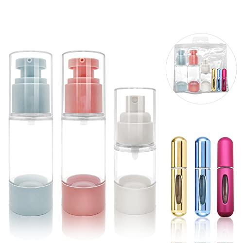 6 Pack Travel Bottles Set, TSA Approved Capacity, Leak Proof Travel Size container,Including 2 x 30ml Vacuum Lotion Bottles , 1 x 15ml Vacuum Spray Bottle, 3 x5ml Portable Mini Refillable Perfume Atomizer Bottle,Perfect for Business or Personal Travel