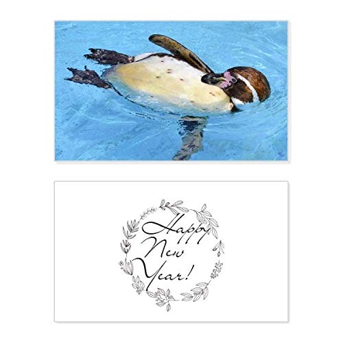 Tarjeta de Año Nuevo de pingüino con imagen de la naturaleza para decorar tus regalos festivos