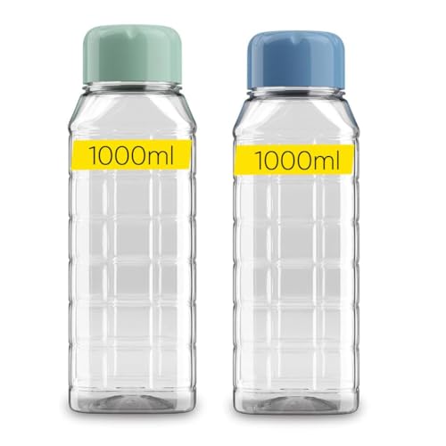 Image of Rectangle Water Bottle 1000ml Pack of 2 | BPA-Free Clear PET Plastic with Multicolor Cap | Ideal for Home, Office, Gym, School & Travel