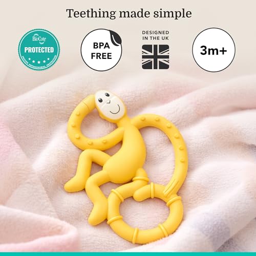 Image of Matchstick Monkey Infant, Antimicrobial Silicone Teether, Easy to Grip, Bpa Free, 3 Months Old+, 10 Cm, Easy to Hold & Naturally Fits in Mouth, Stimulates and Massages Sore Gums, Yellow Mini Monkey