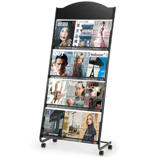 Vimunie Metal Magazine Rack Literature Display Rack, Magazine Stand Literature Holder with Wheels, Brochure Stand for Office Home Retail Store（Black）