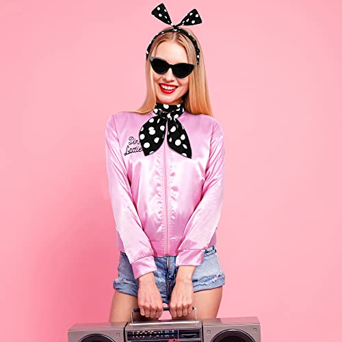 Somsoc 1950S Pink Satin Jacket With Neck Scarf Headband Earrings Cat Eye Glasses Halloween Cosplay Costume Set For Women Girl #TOP5