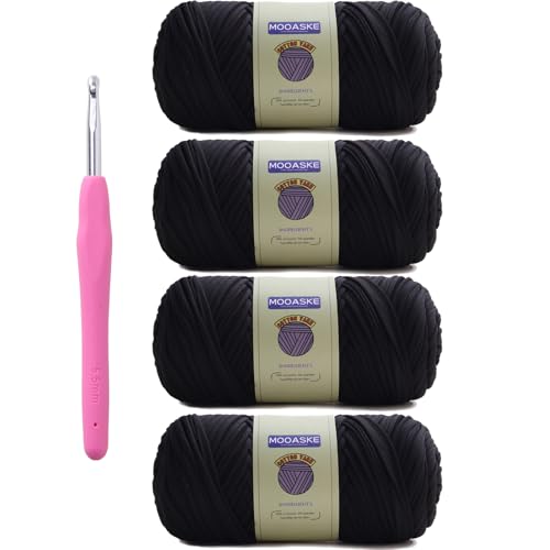Image of Mooaske 4 Pack T-Shirt Crochet Yarn for DIY Knitting Crochet Cloth Blanket Bag Dolls - 800g Chunky Thick Yarn for Crocheting with Polyester-Spandex Blend Elastic Fabric (Black)