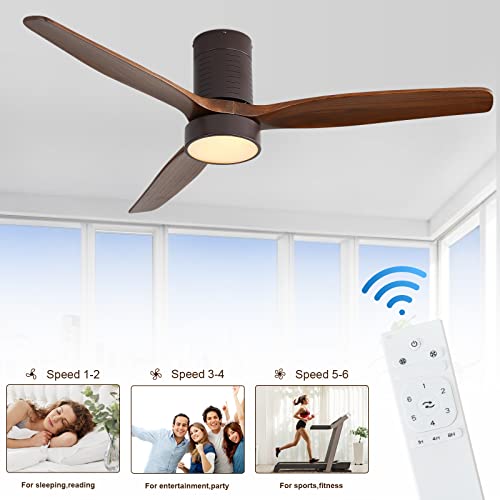 Rela Mall 52 Inch Low Profile Ceiling Fan, Flush Mount Ceiling Fans With Lights Remote Control,Modern Ceiling Fan With 3 Reversible Solid Wood Blades Noiseless Reversible Dc Motor,Brown #TOP5
