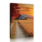田舎の夕日のキャンバスプリント絵画小麦畑赤いカエデの木キャビンウォールアートポスターリビングルーム寝室の家の壁の装飾55x80cmインナーフレーム
