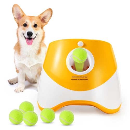 MEKAPLE Dog Ball Thrower Launcher, Automatic Launcher with 6 Mini Tennis Balls, Interactive Dog Toys Indoor Outdoor Ball Thrower Machine for Small Dogs with 3 Distance Settings