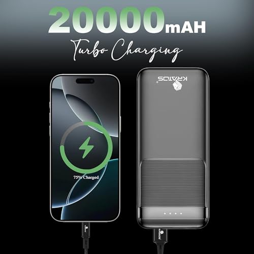 Image of Kratos Legend Champ Power Bank 20000mAh, Fast Charging 22.5W, Triple Output,USB Type C &Dual USB Port, PD Powerbank for iPhone, Android & Other Phones, BIS Certified,1year Warranty, Black