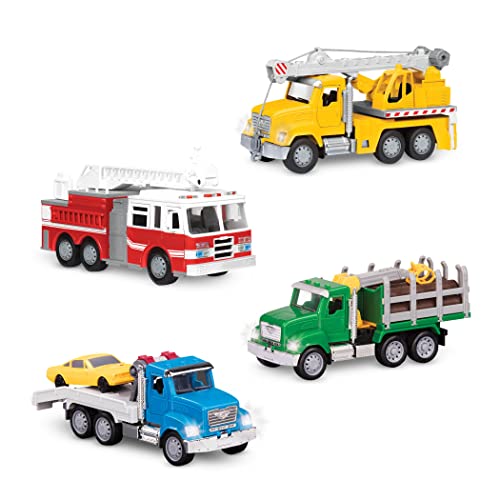 Driven Micro 4er Set Feuerwehr, Kran, Abschleppwagen und Holz Transport 20 cm – Spielzeugautos mit Geräuschen, Lichtern – Spielzeug LKWs ab 3 Jahren