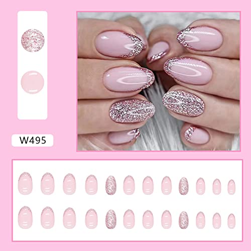 Press On Nails Medium|Short, Pink French Fake Nails Round Acrylic Full Cover False Nails With Glitter Sequins Desgins Glossy Glue On Nails Medium Length French Nail Tips Stick On Nails For Women Girls #TOP1