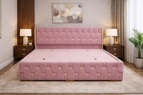 Image of Royal Aura Upholstered Queen Size Bed with Box Storage for Bedroom | Elegant Wooden Double Bed with Storage | Platform Cot Palang with Tufted Headboard | 6.5 x 5 Ft | Sheesham Wood | Pink