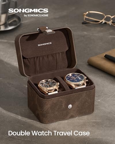SONGMICS 2 Watch Travel Case, 2-Slot Watch Box, Pillow with Hidden Storage, Brown Surface, Brown Lining UJWB029KZ01 - 1