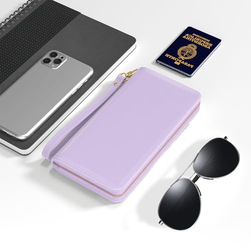 Image of Nipichsha Womens Wallet, RFID Wristlet Wallet for Women, Cute Ladies Purse, Large Credit Card Clutch Purse, Leather Card Holder Wallets with Zipper & Phone Holder, Purple